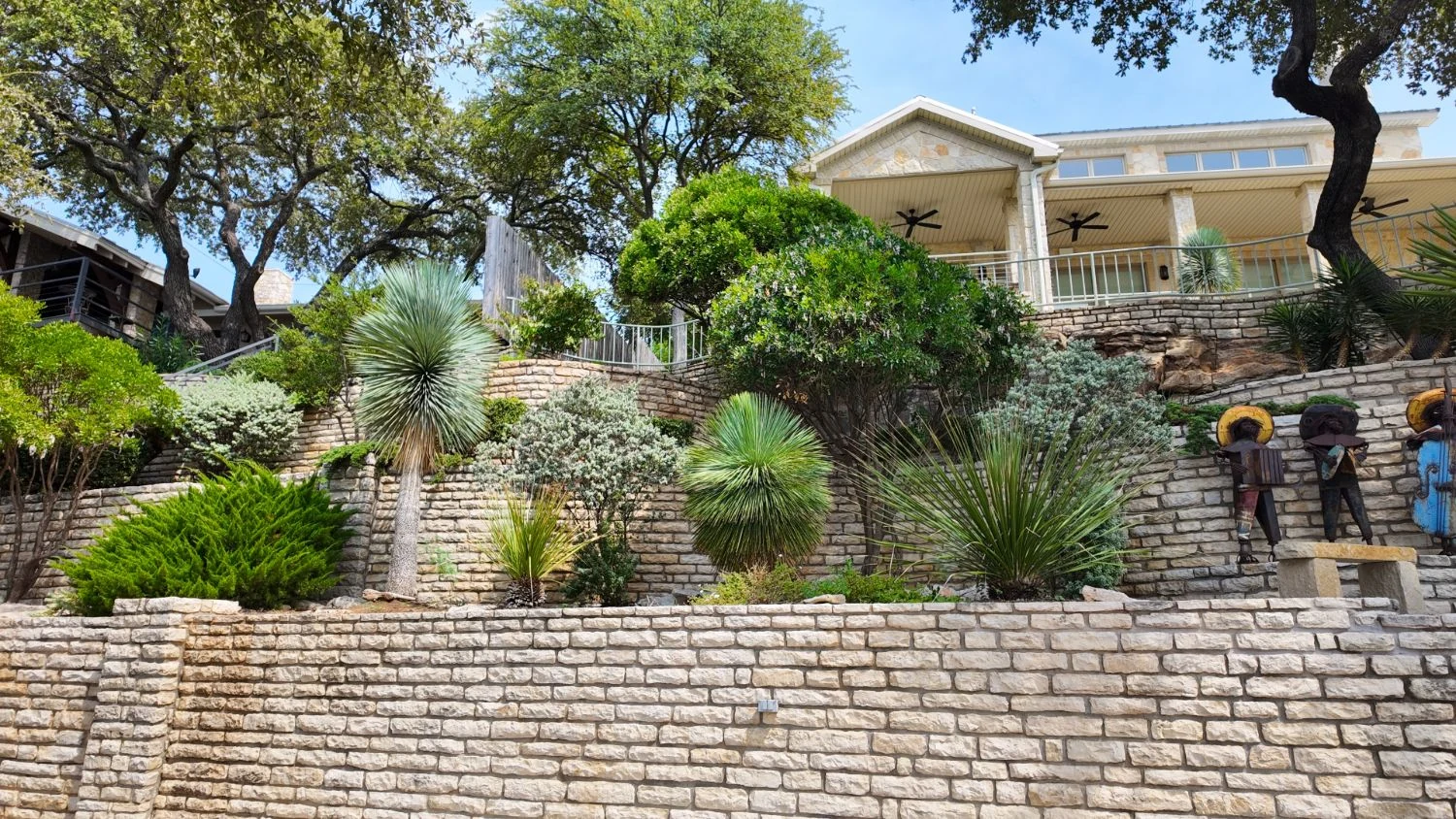 Three tiers of dry-stacked limestone retaining wall planted with yucca, sotol, juniper and agave below a stone house