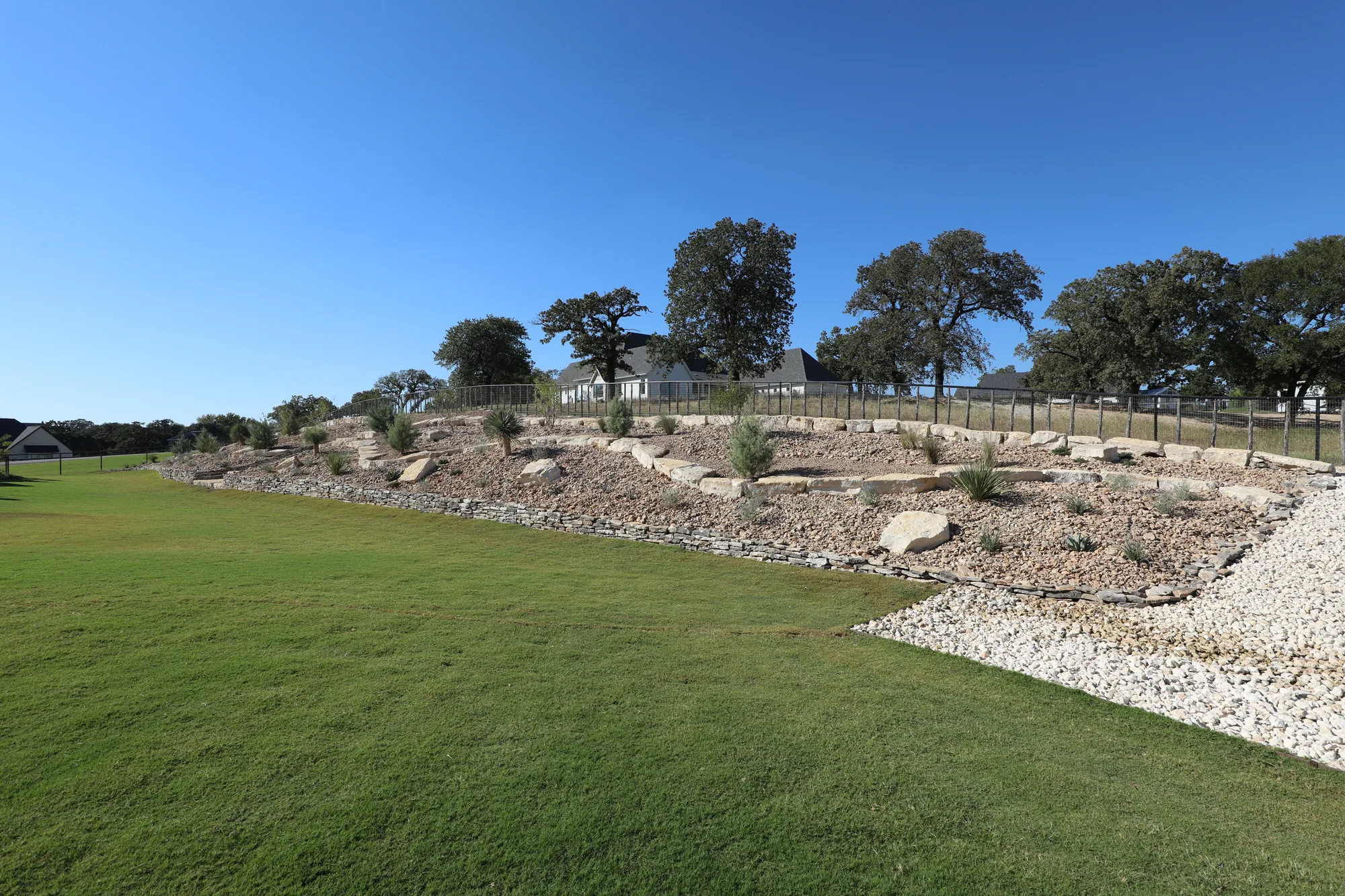 Limestone terrace and steps between lawn levels under mature oaks