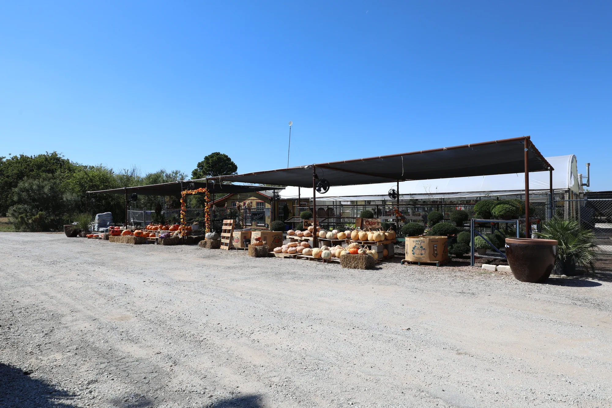 The supply yard, potted stock and material staged along a gravel drive