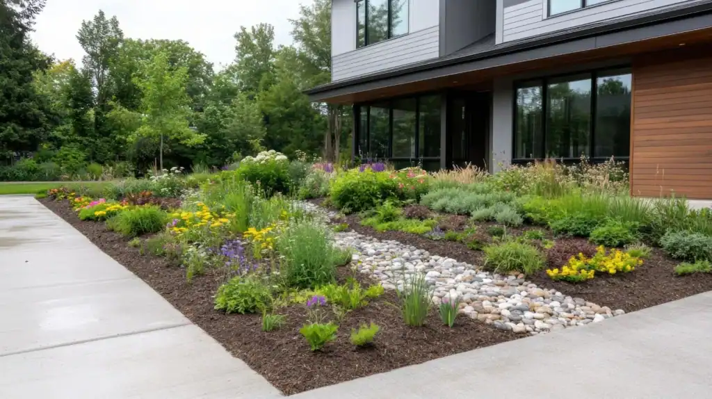 Modern home with vibrant garden landscaping featuring colorful plants and a dry creek bed.