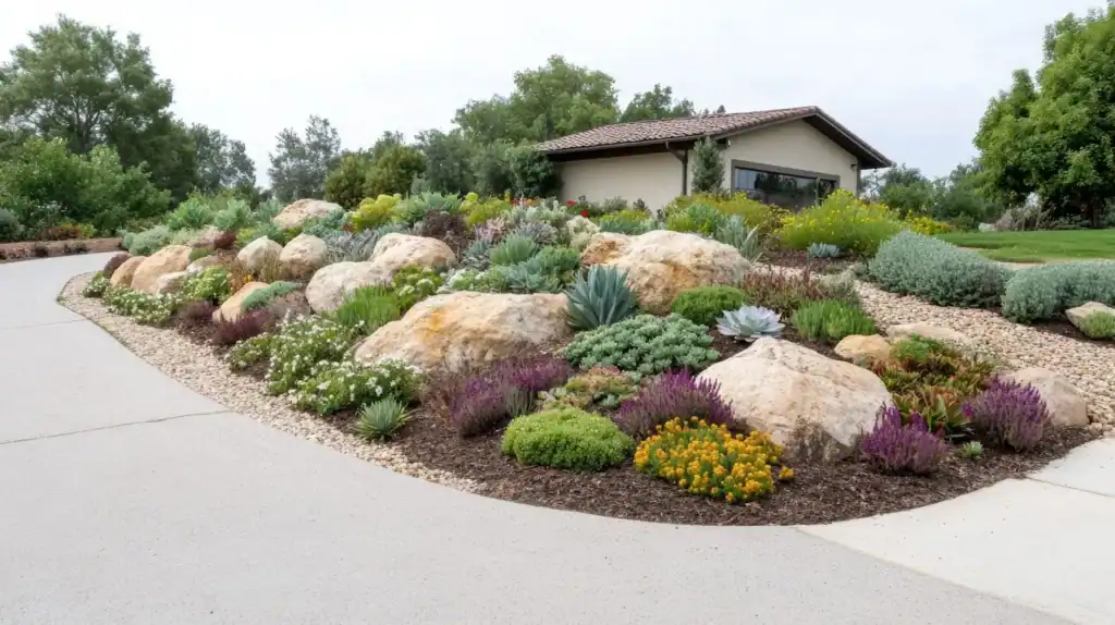 Drought-tolerant landscape with large rocks, succulents, and colorful plants.