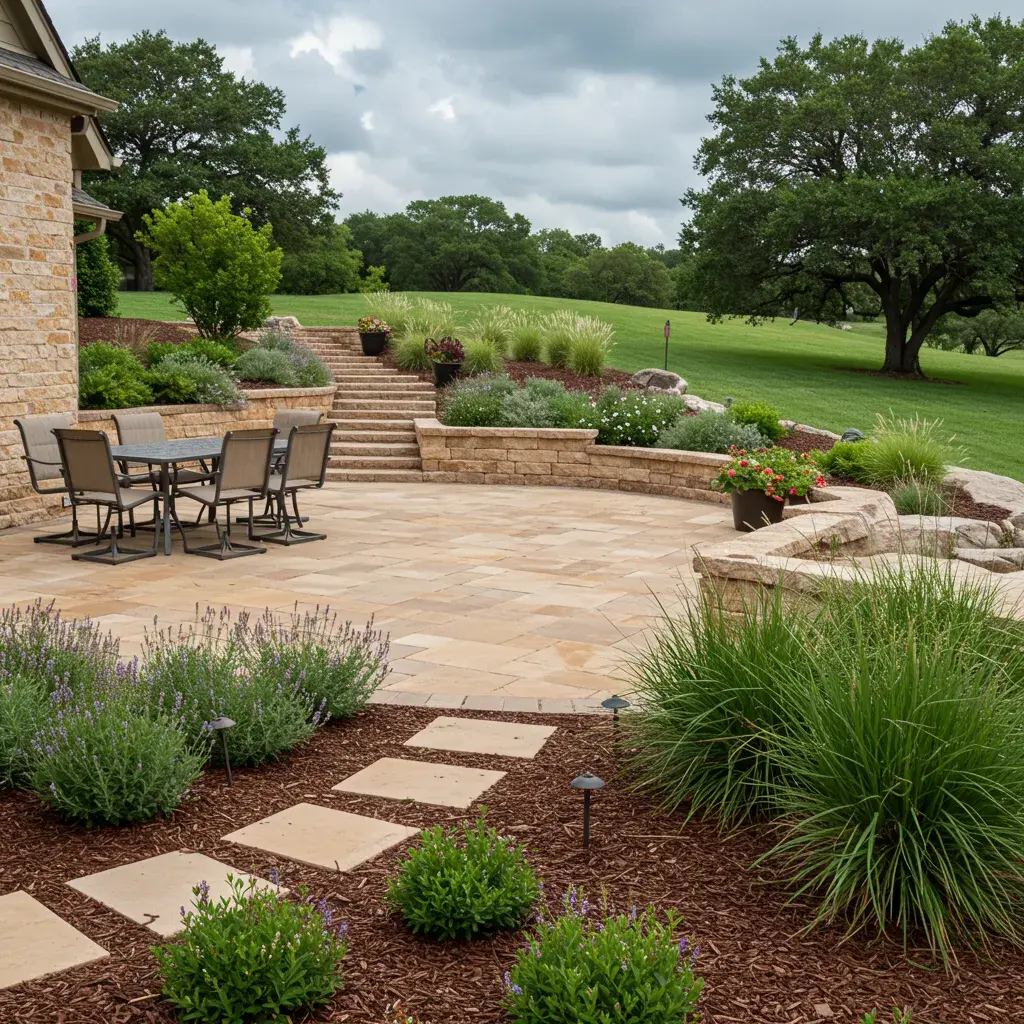 Patio area with stone flooring, outdoor dining set, landscaped garden featuring native plants, and steps leading to a grassy area in Graham, Texas, showcasing versatile landscaping designs.