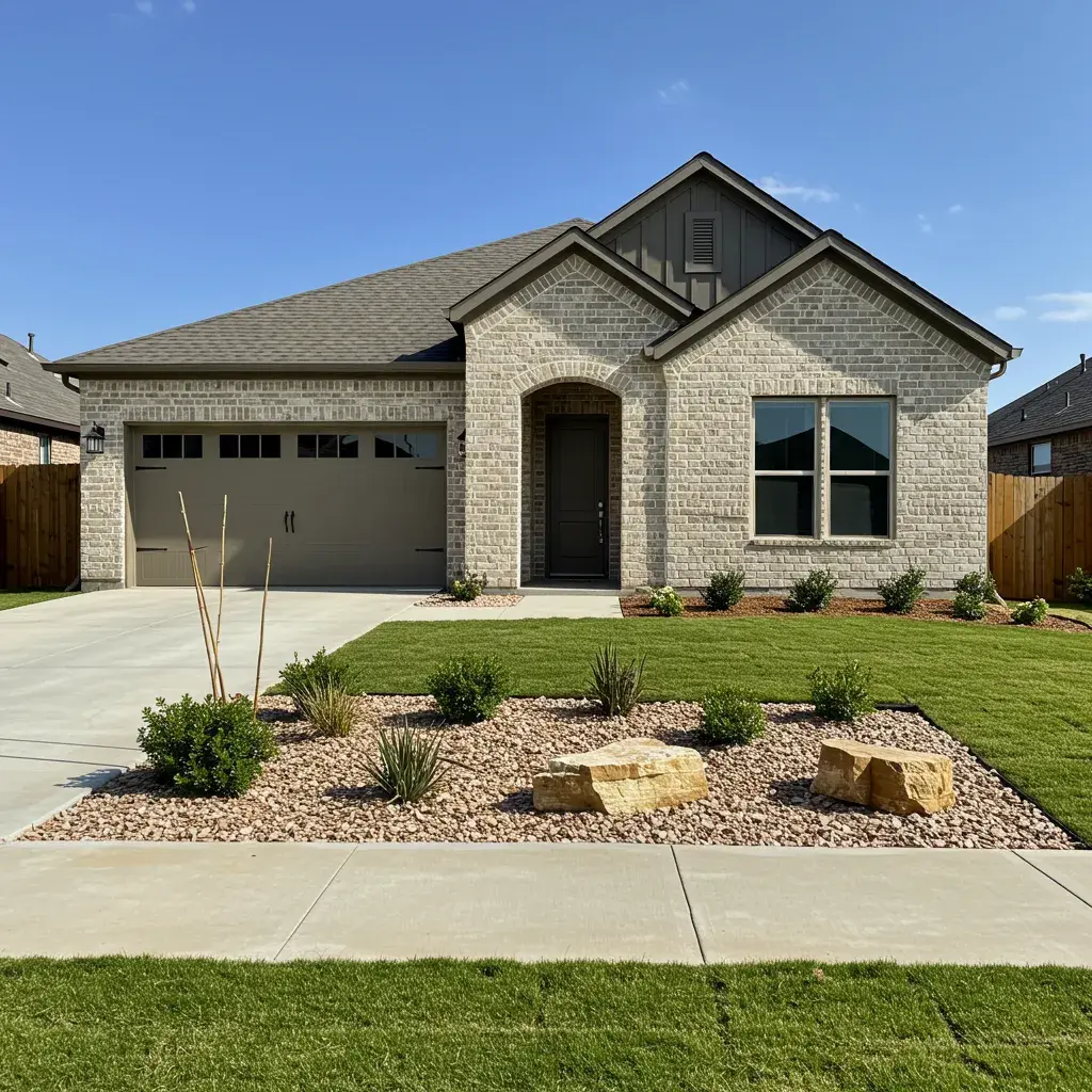 A modern brick house with a two-car garage, featuring a well-maintained front yard with a concrete driveway, landscaped with rocks, shrubs, and large stones under a clear blue sky.