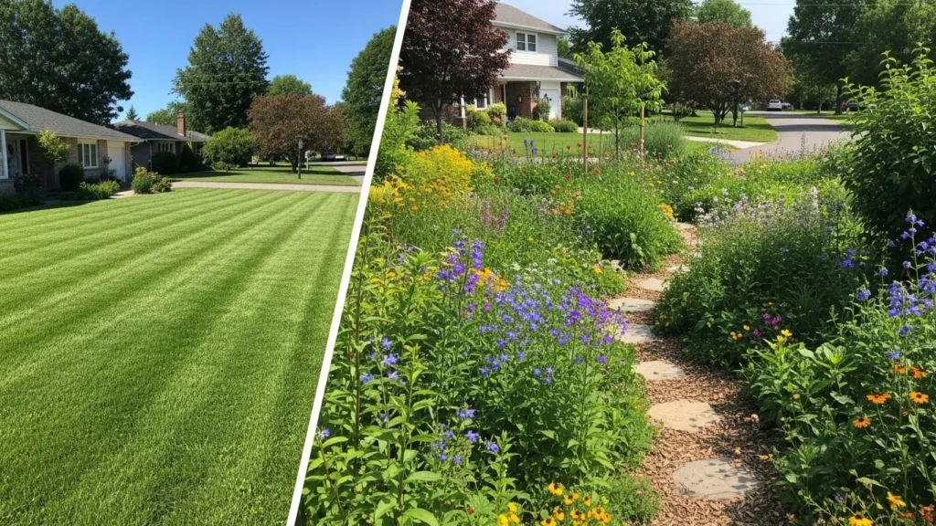 Before and after images of a lawn converted to native plantings.
