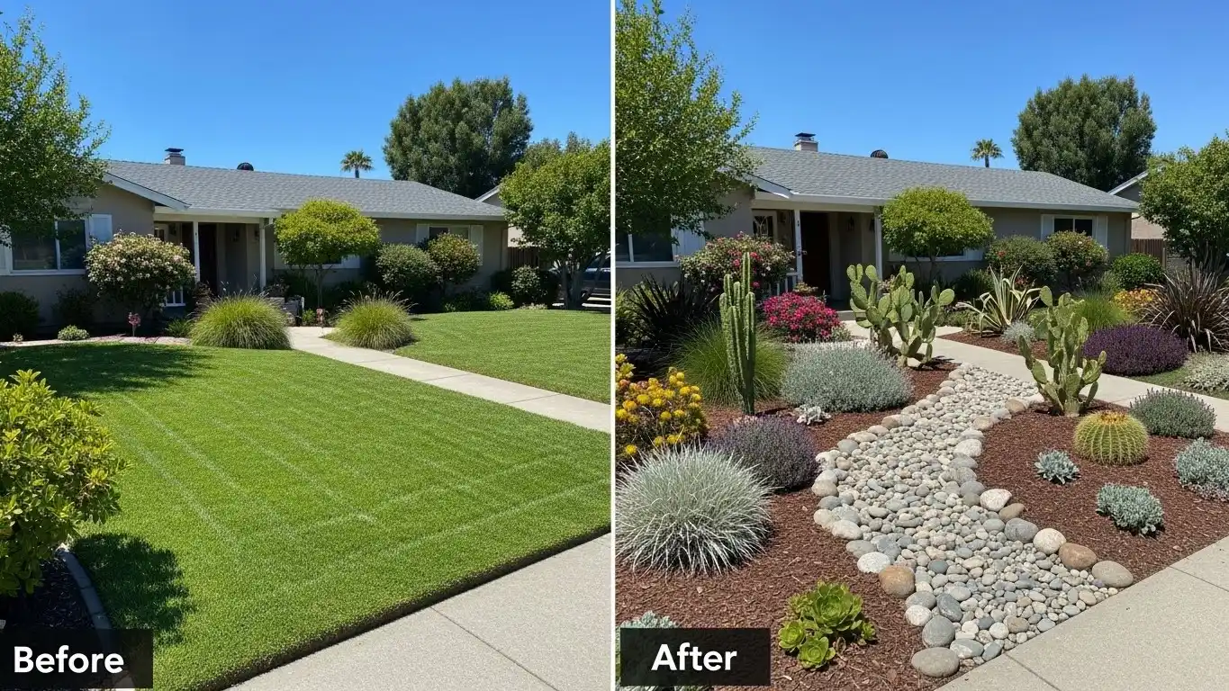 Before and after lawn converted to drought tolerant landscape.