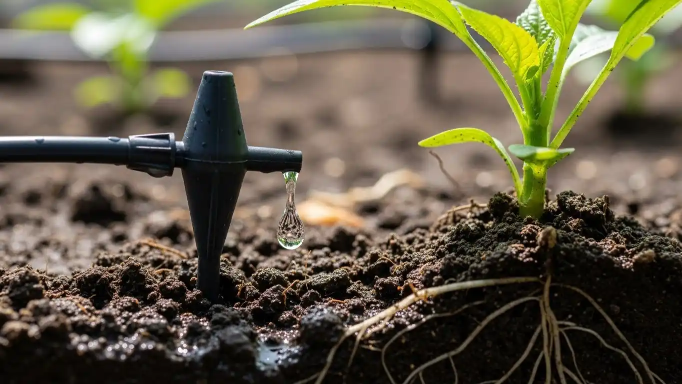 Close-up of drip emitter delivering water to root zones.
