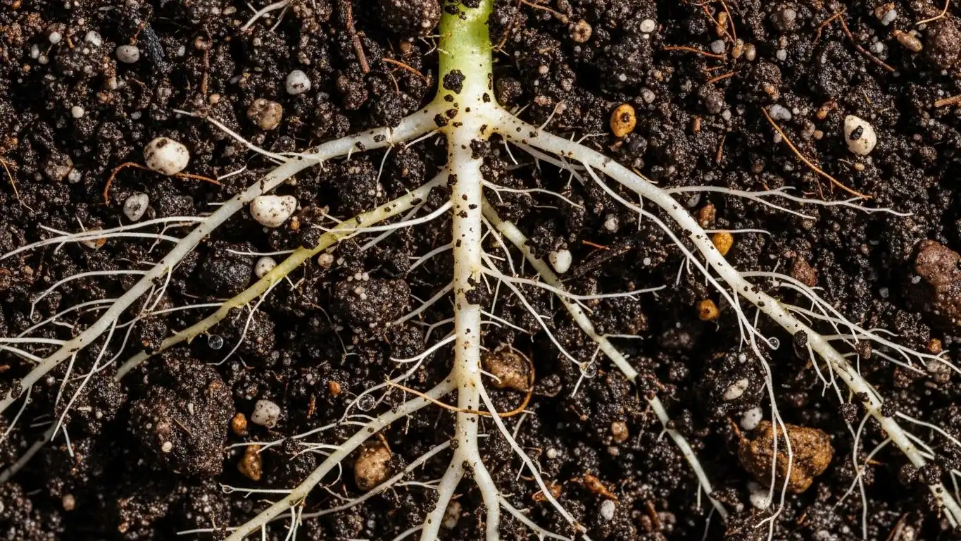Close-up of healthy roots spreading into amended soil.