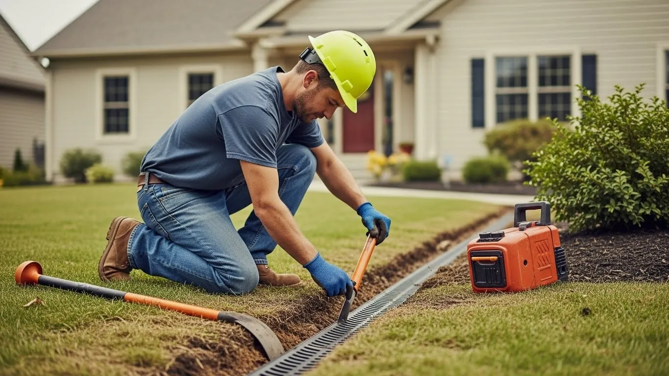 Contractor installing a French drain in a residential yard