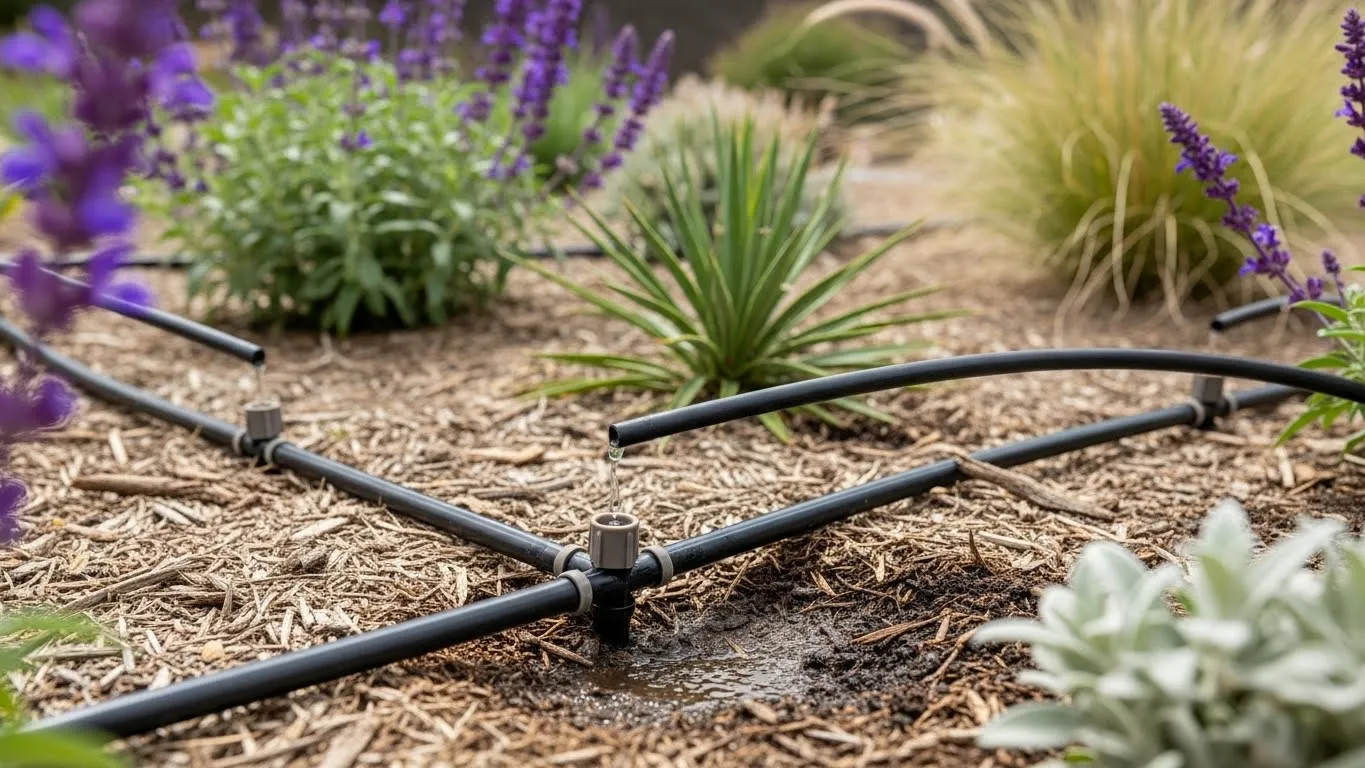 Drip tubing delivering water directly to native plant root zones.