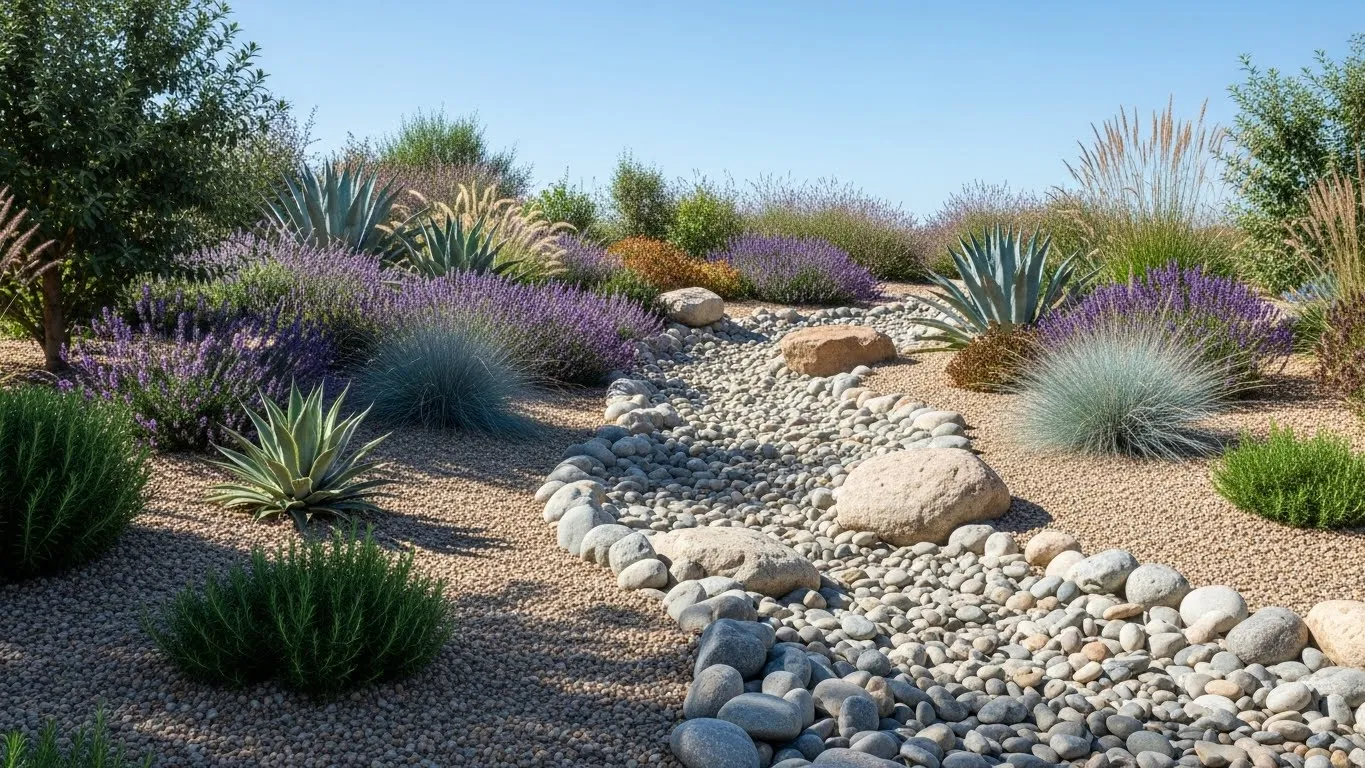 Dry creek bed and xeriscape planting to divert runoff