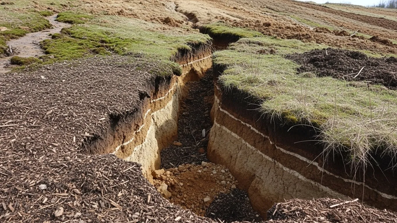 Eroded slope with a small gully cutting through mulch and soil.