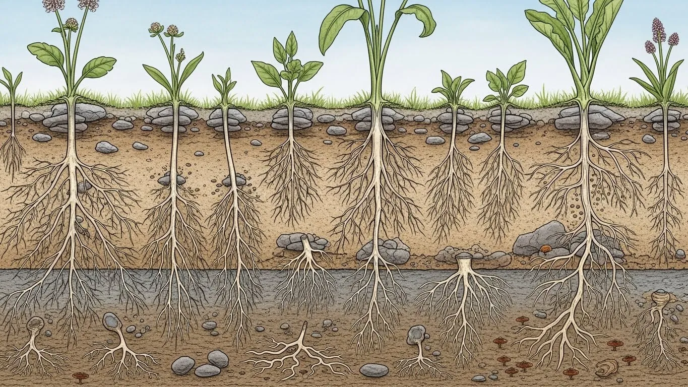 Illustration showing deep root systems of native plants.