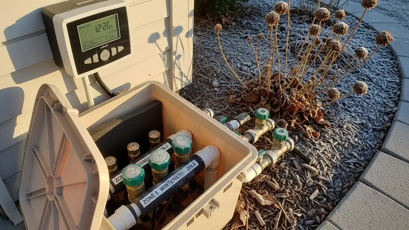 Irrigation controller and a winterized valve box.