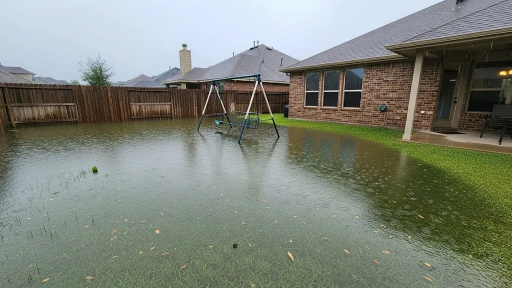 Large pool of standing water in a backyard after heavy rain.