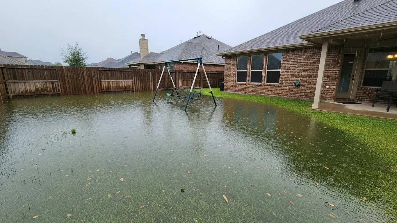 Large pool of standing water in a backyard after heavy rain.