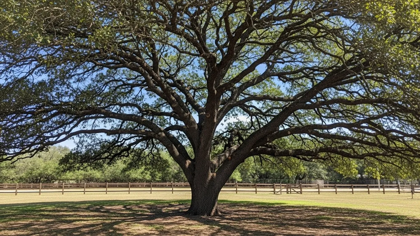 Mature live oak providing shade in a Central Texas yard.