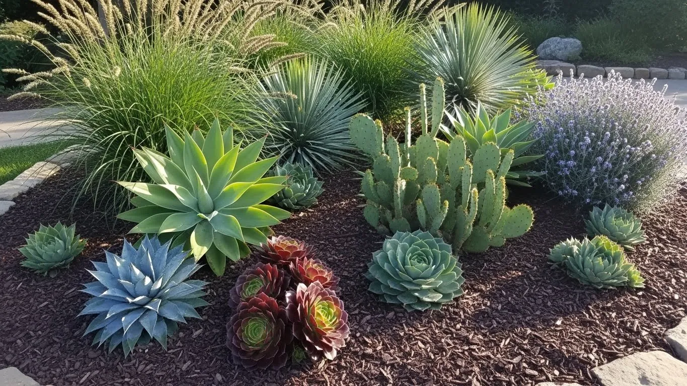 Mixed drought-tolerant bed with succulents, native grasses and mulch.