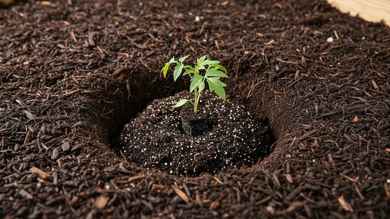 Mulched bed with compost-amended planting hole.