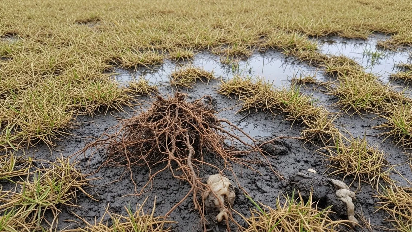 Patchy, brown turf showing soggy soil and root rot.