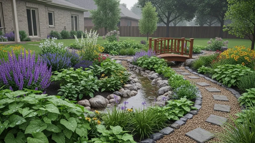 Rain garden absorbing stormwater in a backyard