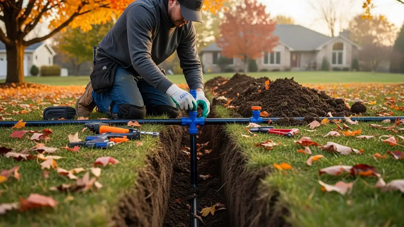 Technician installing irrigation lines in a yard during fall.