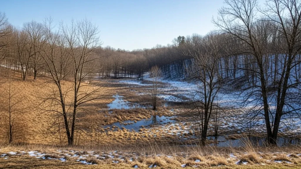 Winter landscape revealing drainage patterns, bare trees, and snow-covered ground, highlighting water movement and potential pooling issues for effective landscape planning.