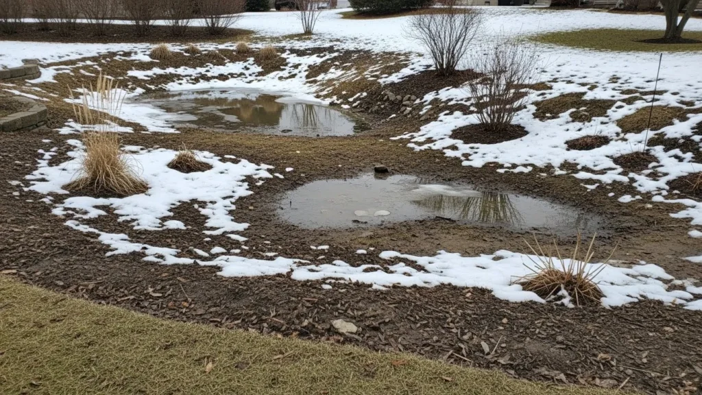 Winter landscape with exposed drainage areas, patches of snow, and water pools, highlighting site conditions for landscaping planning in Santo and Graford.
