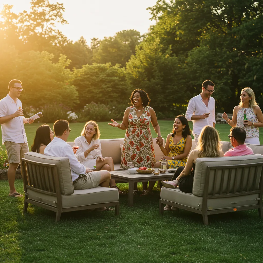 Group of friends enjoying a lively outdoor gathering in a landscaped backyard, seated on comfortable furniture, sharing drinks and laughter during a sunset.