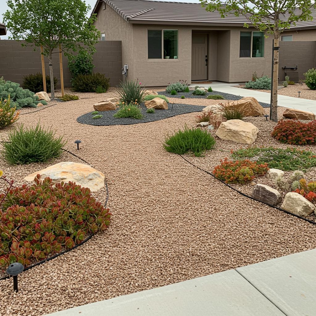 ### Key Elements**Main Subjects**
- Residential home
- Landscape design**Objects**
- Gravel pathway
- Decorative rocks
- Various plants and shrubs
- Low-lying lighting fixtures**Notable Features**
- Clean, modern architecture of the house
- Thoughtfully arranged landscaping
- Use of drought-resistant plants**Text/Symbols**
- No visible text or symbols### Overall Mood/Theme
The image conveys a serene and modern aesthetic, emphasizing low-maintenance landscaping. The combination of natural elements and structured design creates a peaceful and inviting atmosphere, suitable for a contemporary home environment.