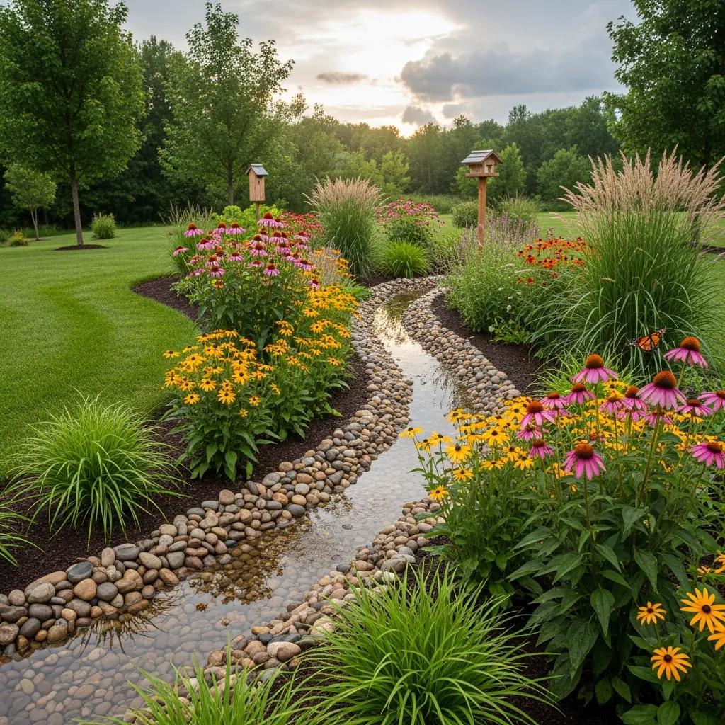 Beautiful rain garden with native plants designed for effective water management