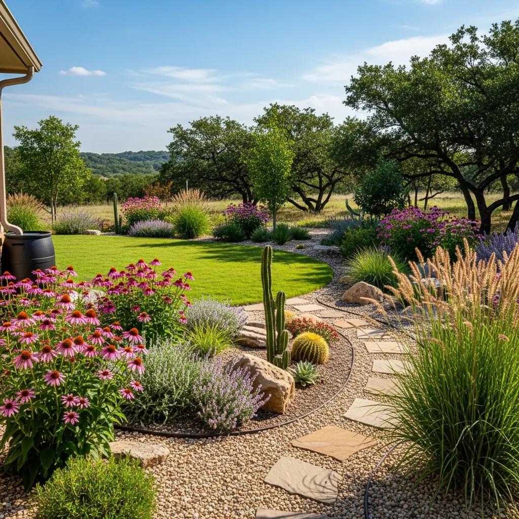 Beautifully designed garden in North Texas with native plants and sustainable landscaping features