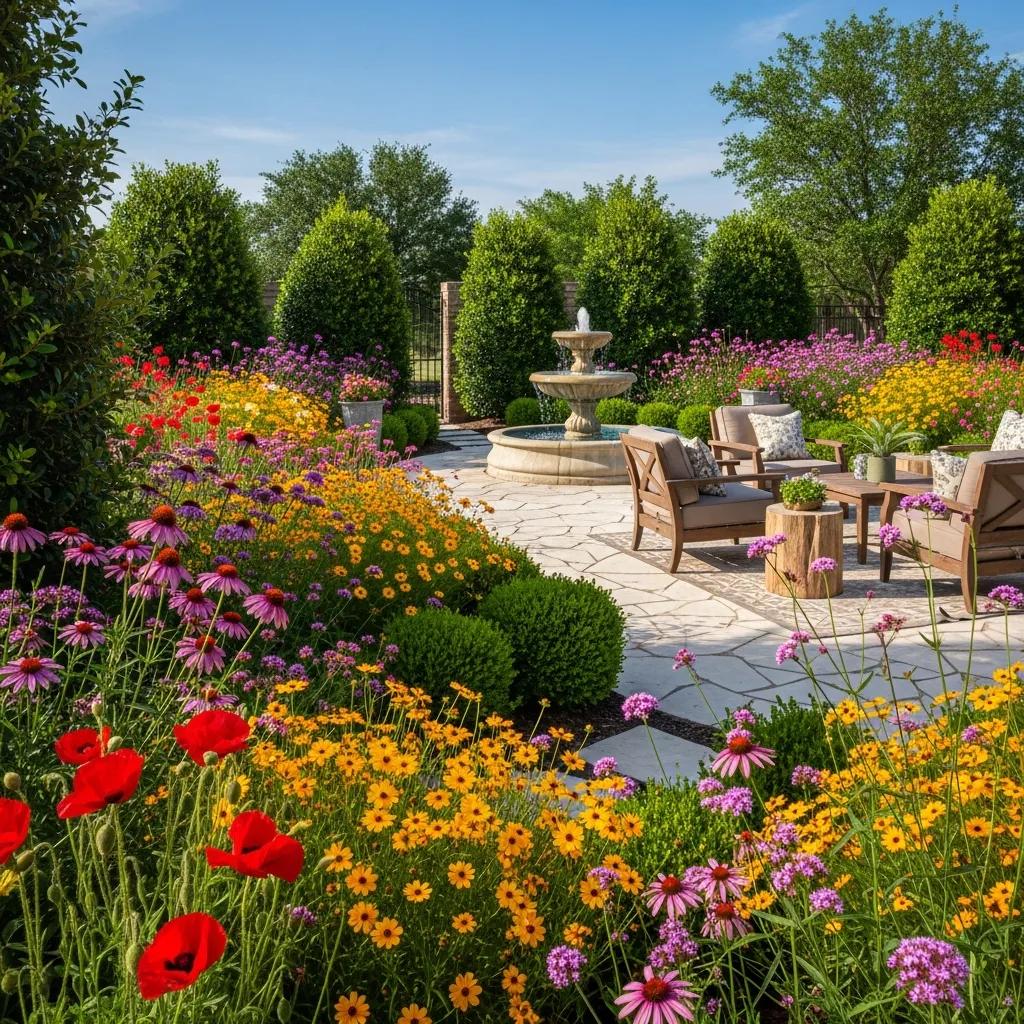 Beautifully landscaped garden in Graford, Texas, showcasing colorful flowers and a stylish patio
