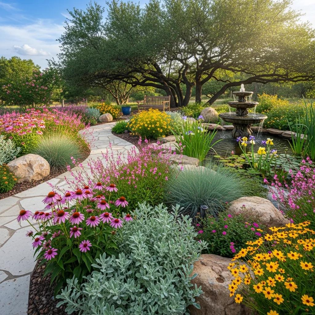Beautifully landscaped garden in North Texas showcasing diverse plants and hardscaping elements