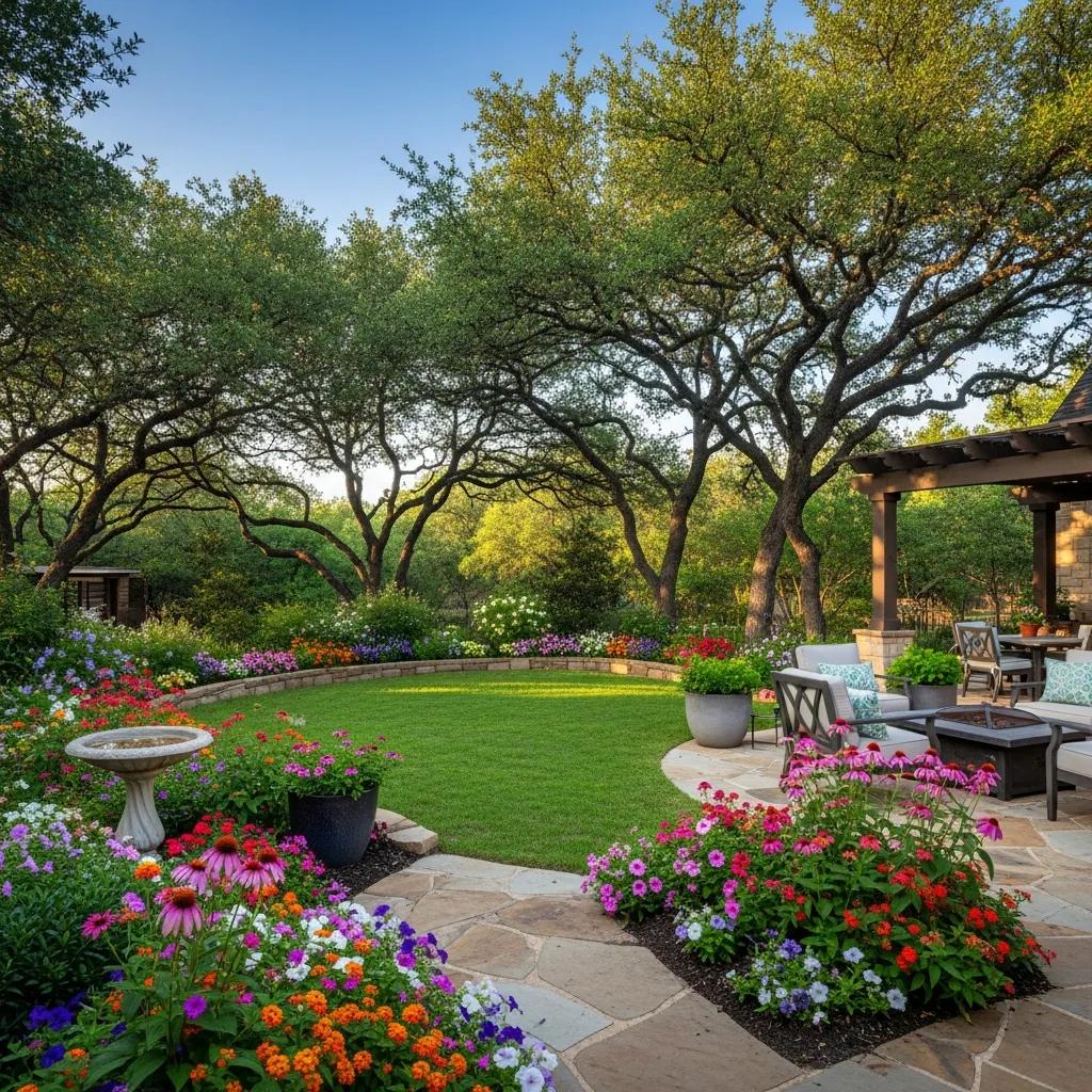 Beautifully landscaped outdoor space in North Texas with vibrant plants and a patio