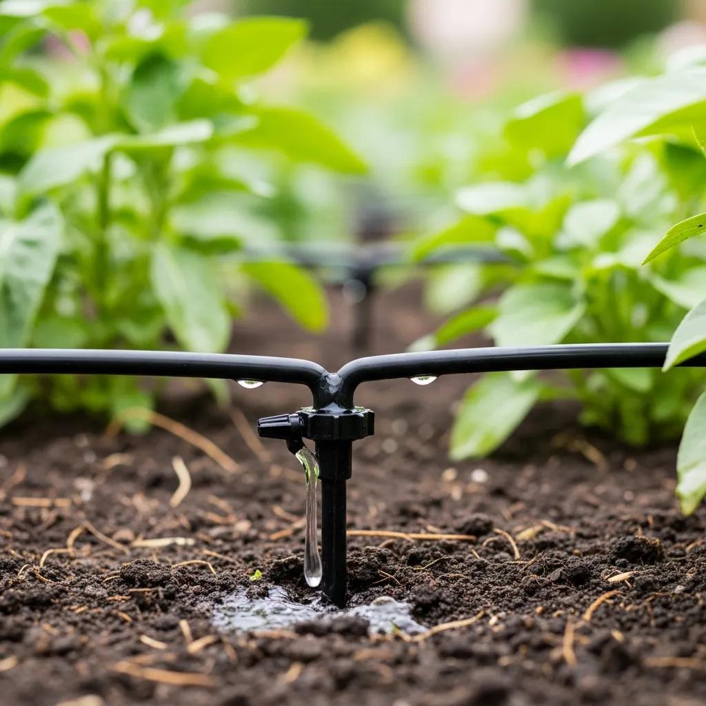Close-up of a drip irrigation emitter watering soil around plant roots