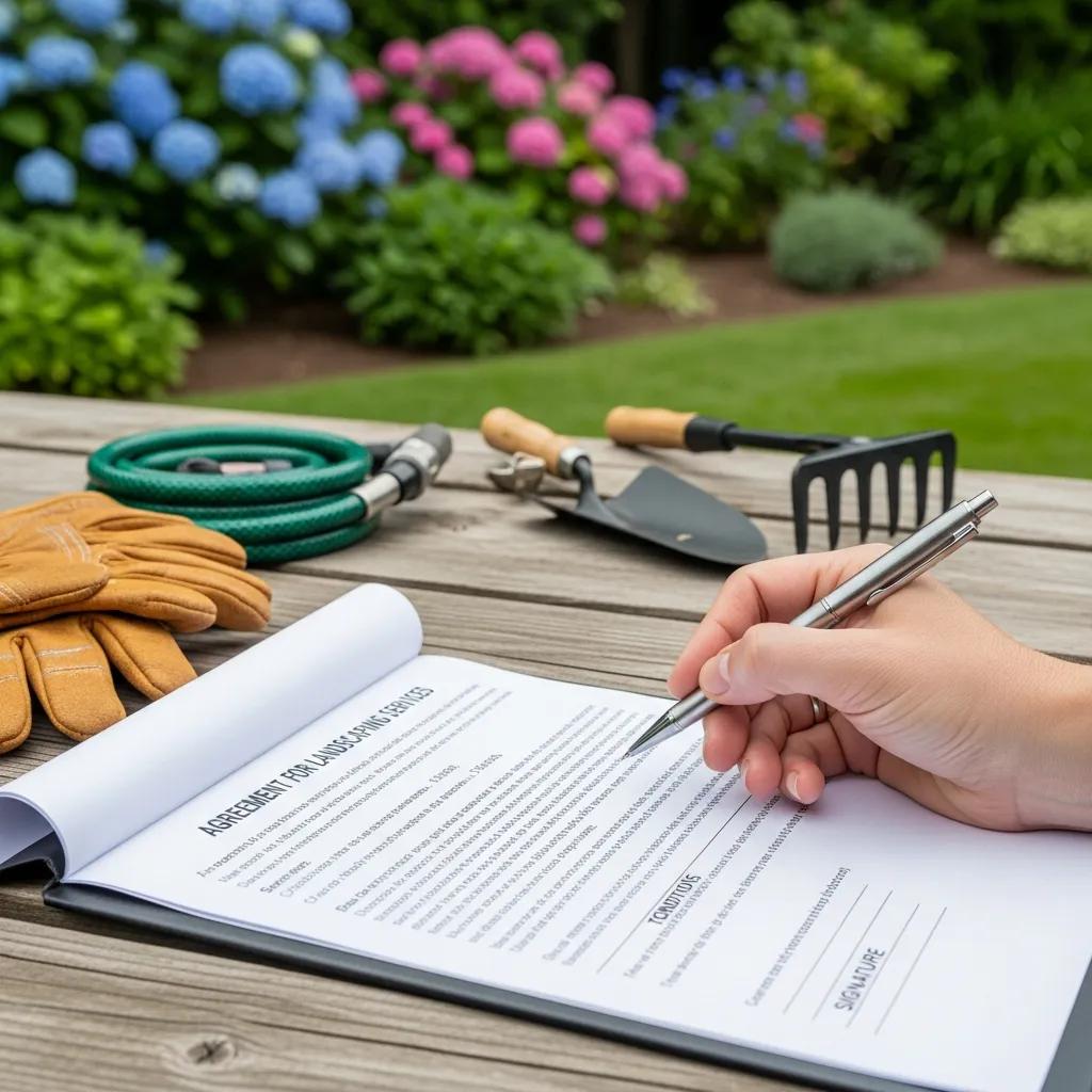 Close-up of a landscaping contract ready for signing with tools in the background