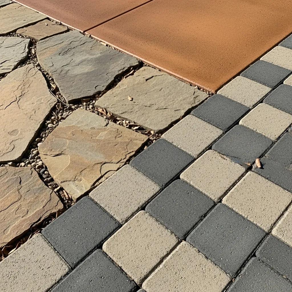 Close-up of flagstone, concrete, and pavers for North Texas patios