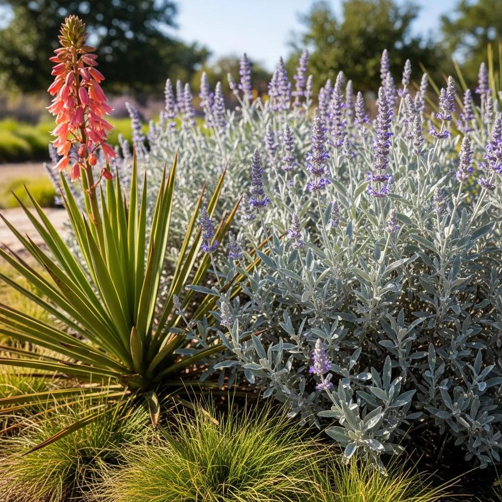 Close-up of native drought-tolerant plants for xeriscaping in North Texas