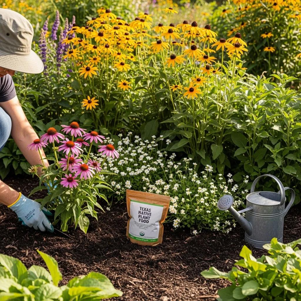 Close-up of native plants in North Texas garden with emphasis on care requirements and soil health
