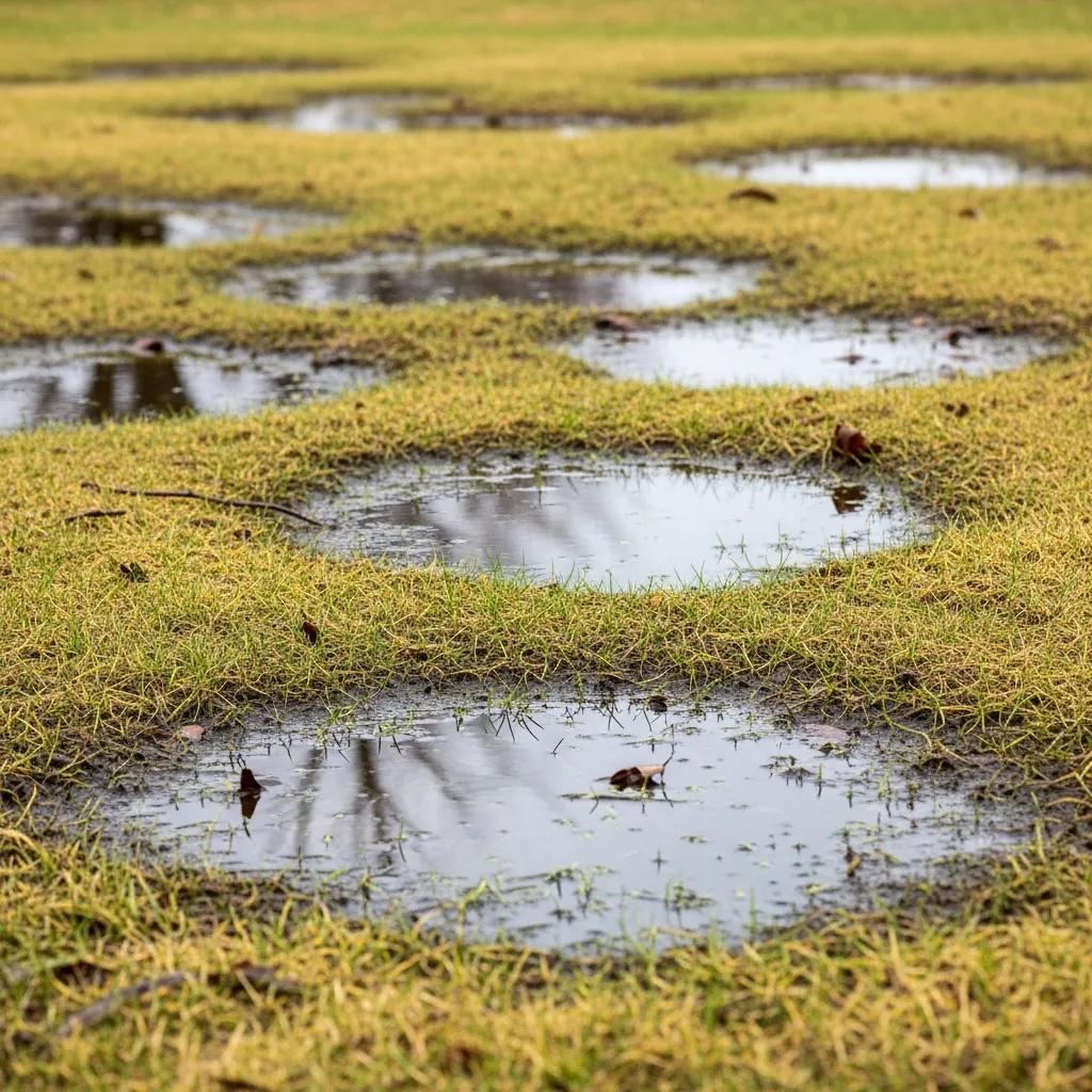 Close-up of yard with standing water and soggy spots indicating poor drainage