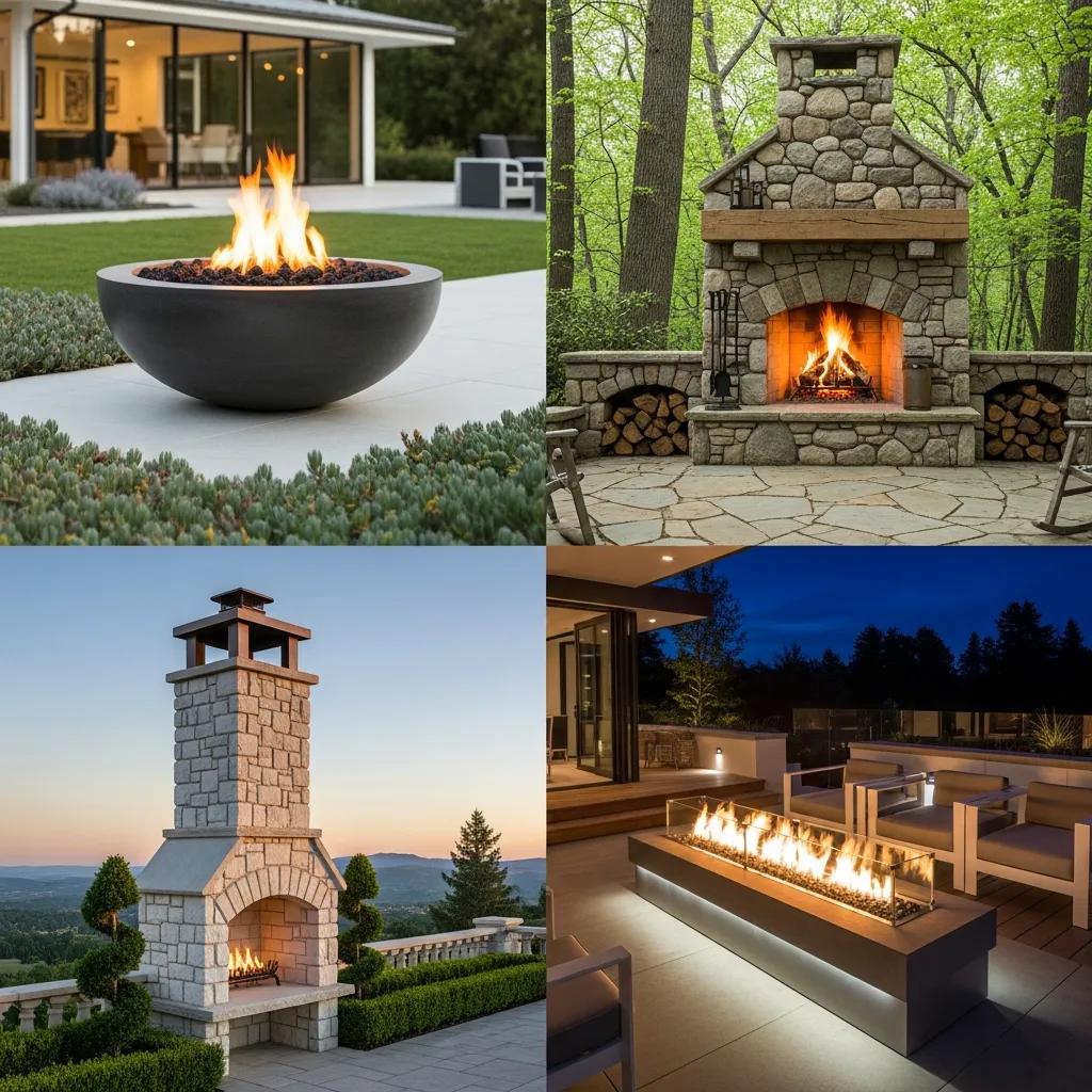 Collage of popular outdoor fire feature designs including modern and traditional styles
