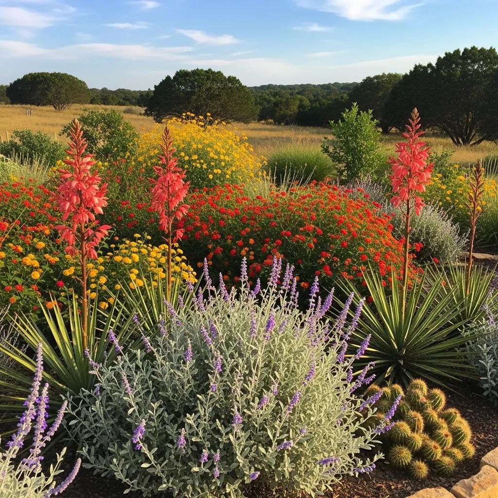 Colorful native Texas plants in a xeriscape garden emphasizing drought tolerance and sustainability