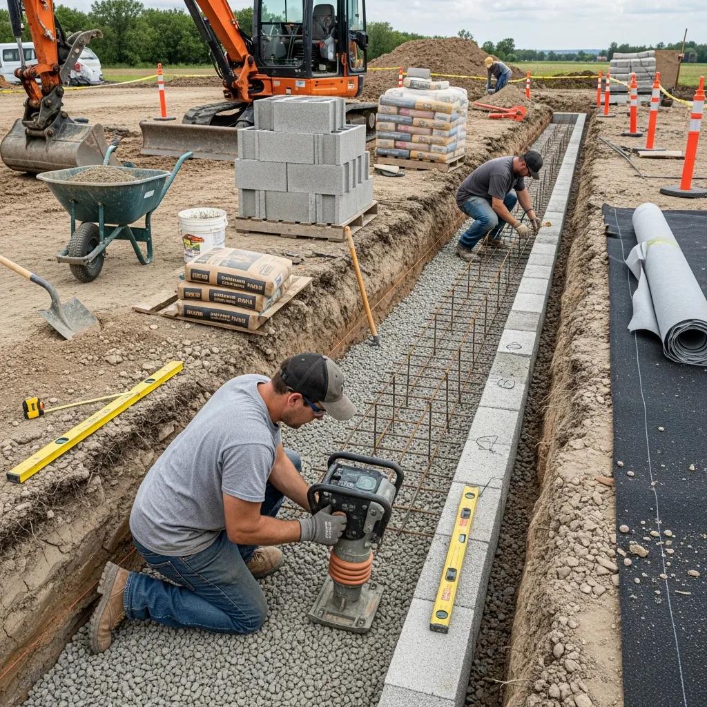 Contractor preparing foundation and applying reinforcements for retaining wall installation