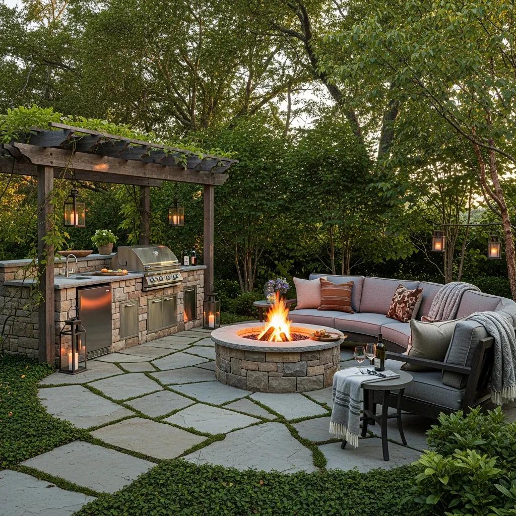 Cozy outdoor living space with a patio, fire pit, and outdoor kitchen in North Texas
