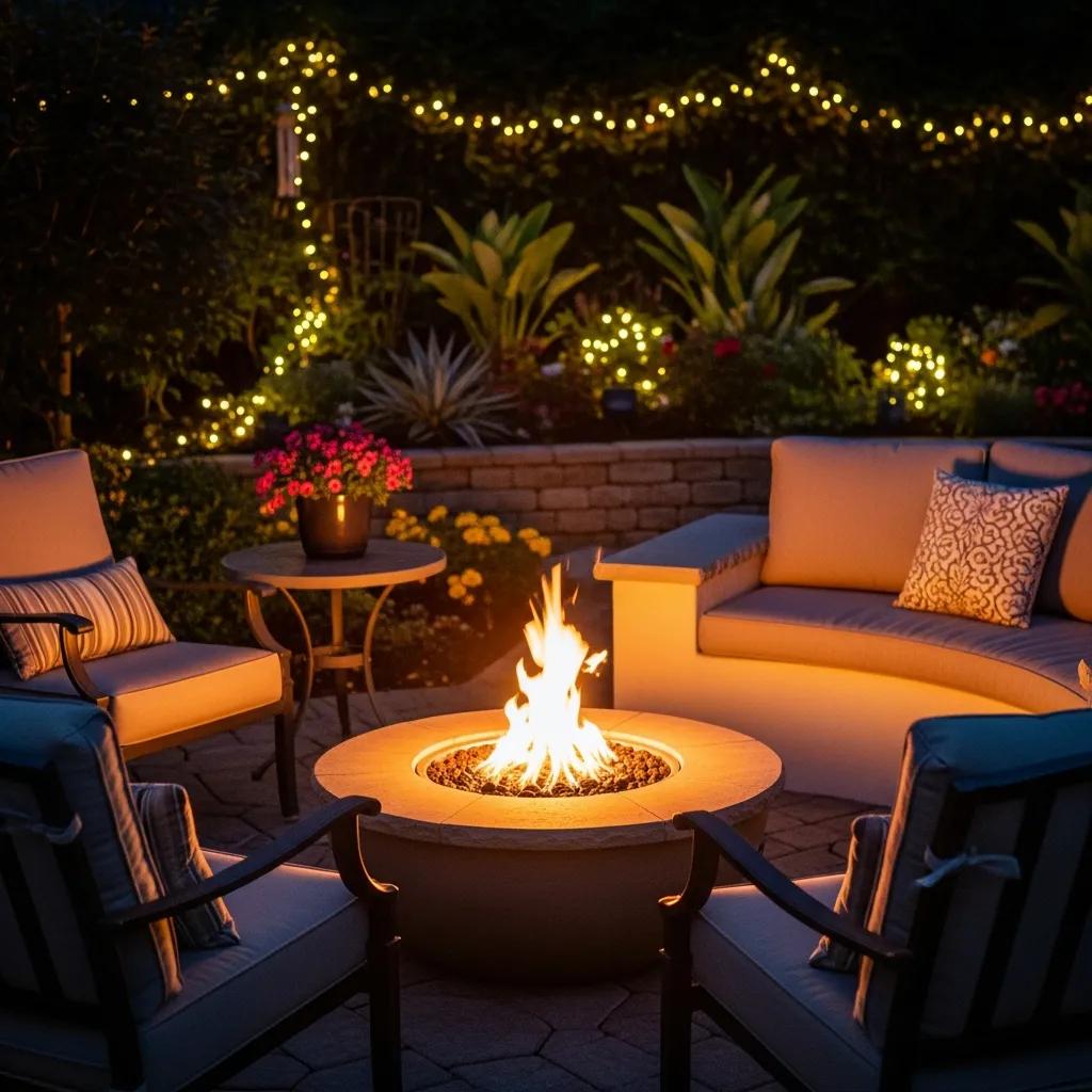 Custom outdoor fire pit in a cozy backyard setting with seating and greenery