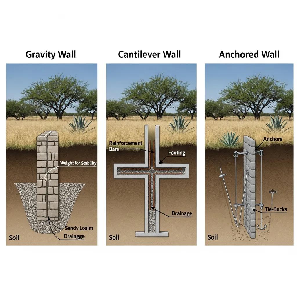 Different types of retaining walls including gravity, cantilever, and anchored walls in Texas landscape