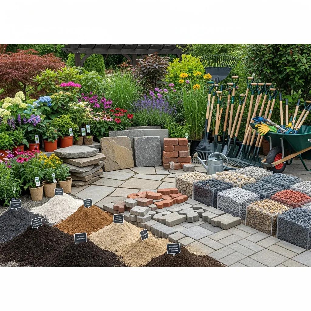 Diverse landscaping materials and tools illustrating options for landscaping projects