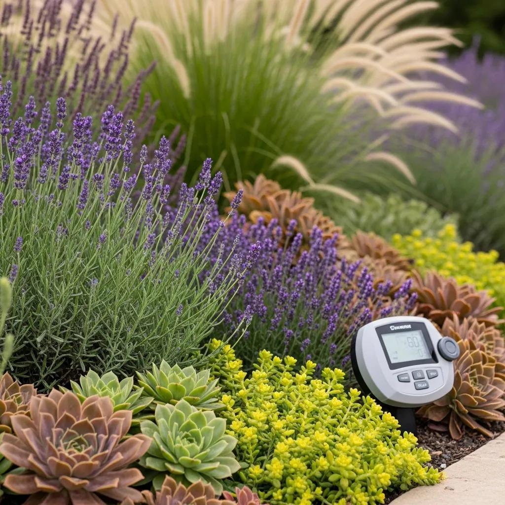 Drought-resistant plants thriving with smart irrigation, illustrating water conservation benefits
