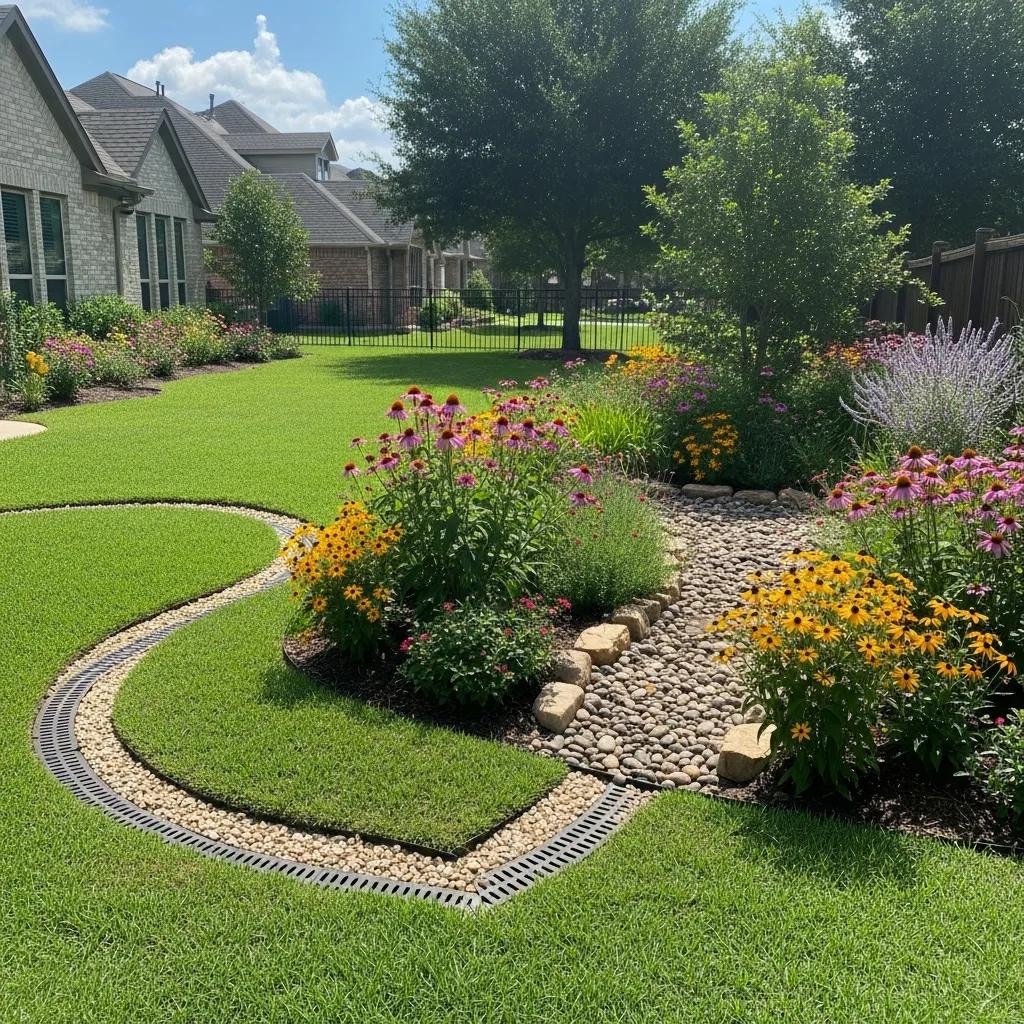 Healthy North Texas yard with effective drainage solutions including French drains and rain gardens