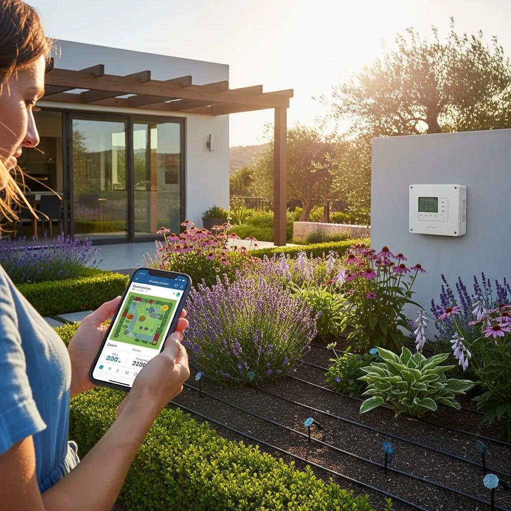 Homeowner using smart irrigation technology in a garden with drip irrigation system
